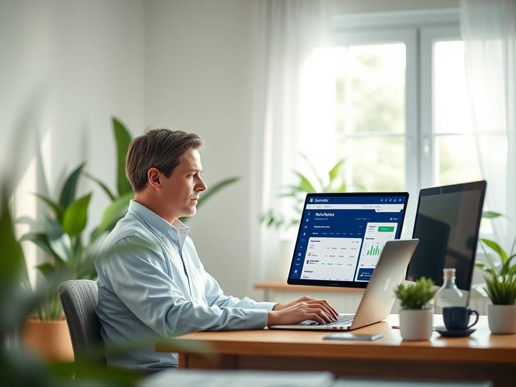 A serene home office scene featuring a person sitting at a desk with a laptop open, showing a banking interface. The background is softly lit with calming green plants and a window with natural light filtering in. The overall atmosphere conveys peace and confidence in managing personal finances.