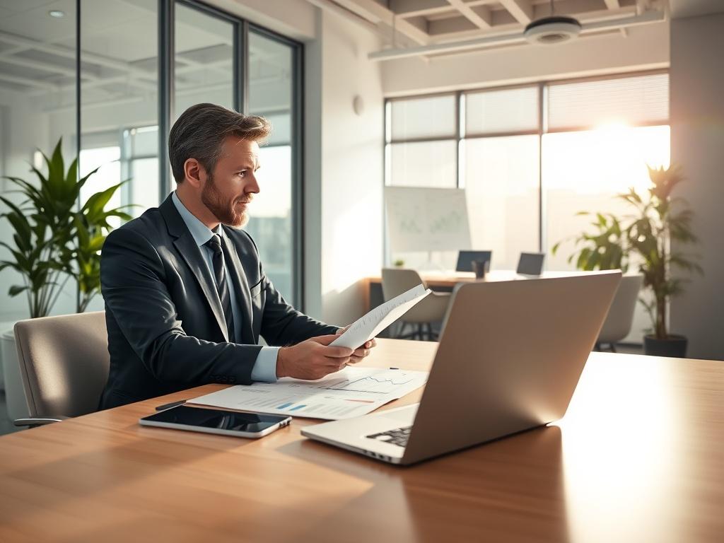 A professional office environment with a business meeting in progress. Two business professionals are discussing financial documents at a table, with charts and graphs displayed on a laptop. The lighting is bright and inviting, creating an atmosphere of collaboration and success.