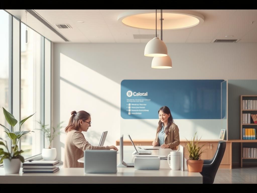 A serene banking environment showcasing a friendly bank representative assisting