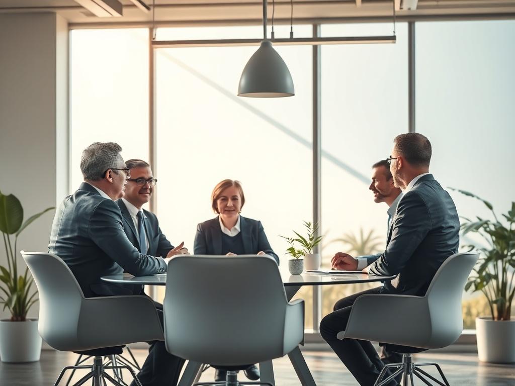 A professional business meeting scene in a modern office, featuring